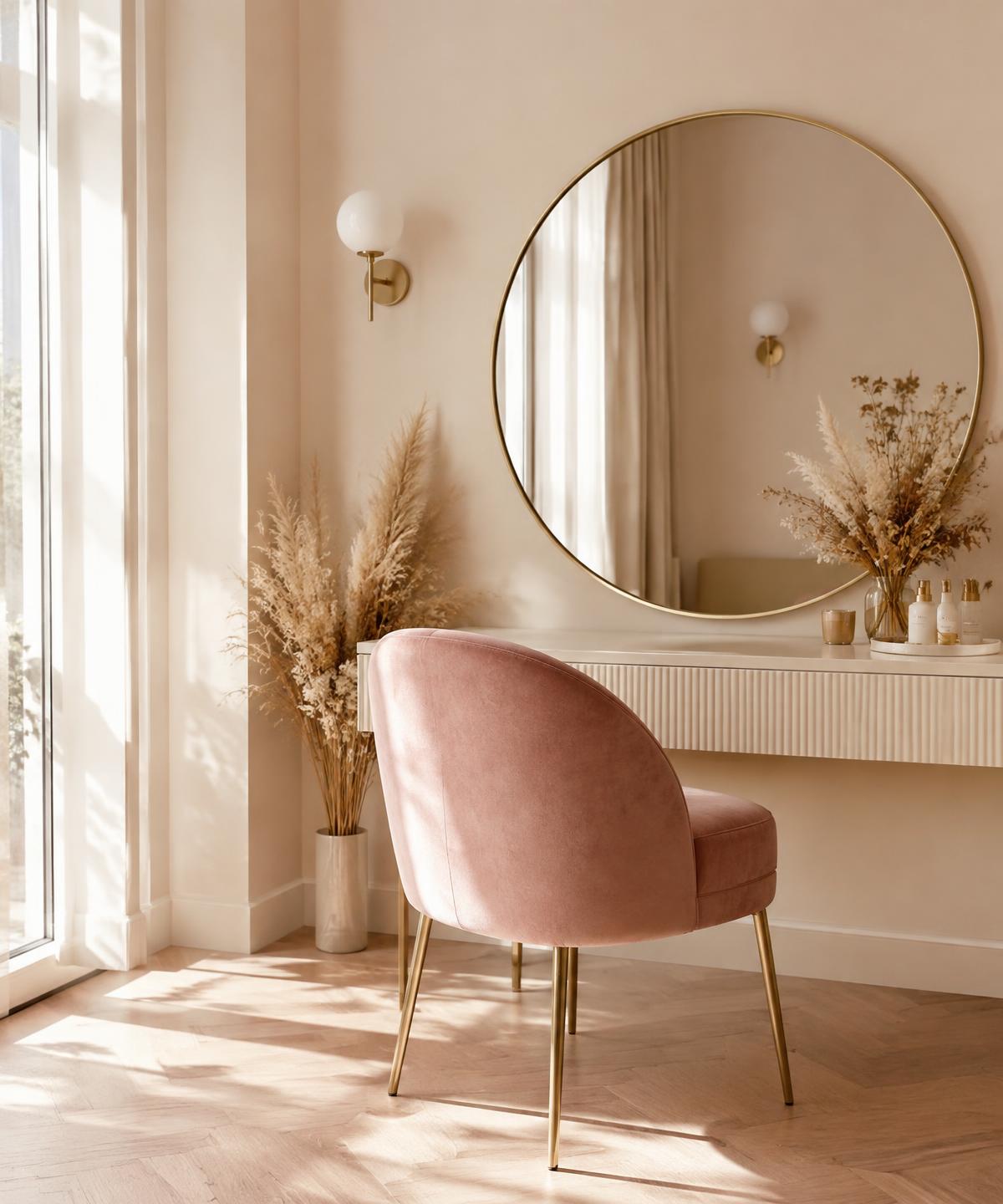 Ayesha Beauty Studio interior with rose velvet chair and brass mirror